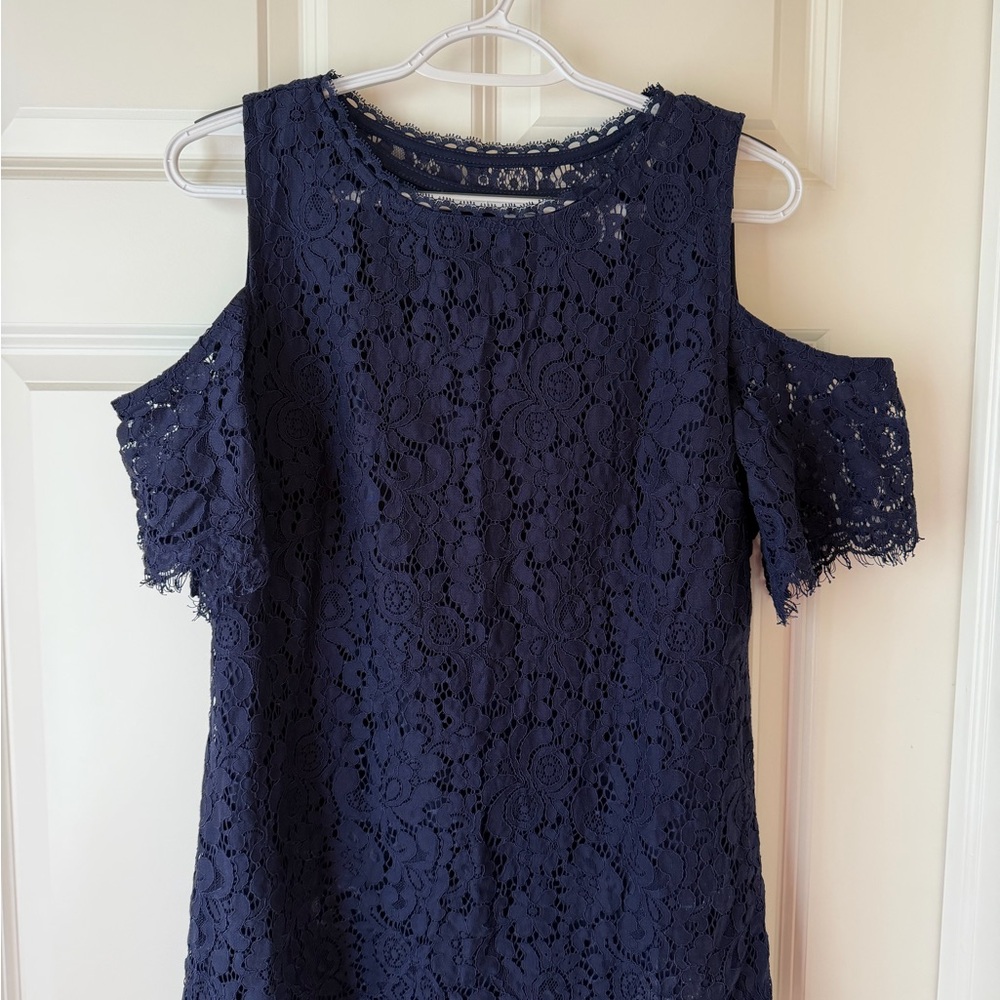 Isaac Mizrahi Live! Navy Cold Shoulder Floral Lace Top
